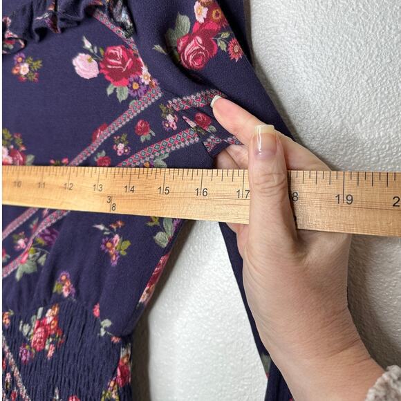 Rahi Cali Purple Multi Color Floral Print 3/4 Sleeve Ruffle Mini Dress XS - Picture 12 of 14